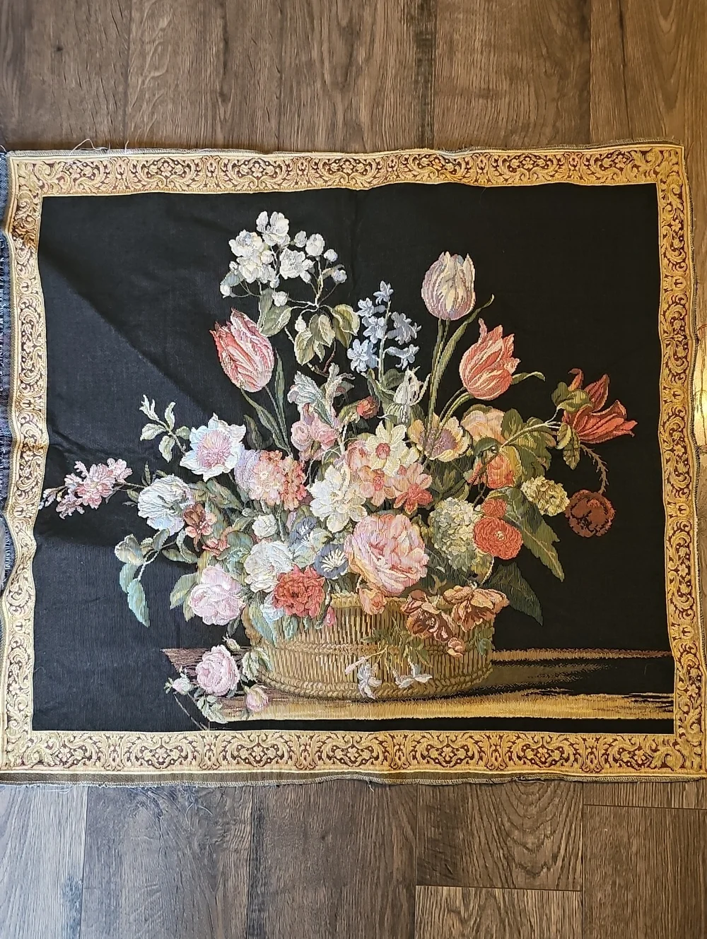 Vintage Black Tapestry Floral Basket Home Decor 70s Wall Hanging 27 X 25